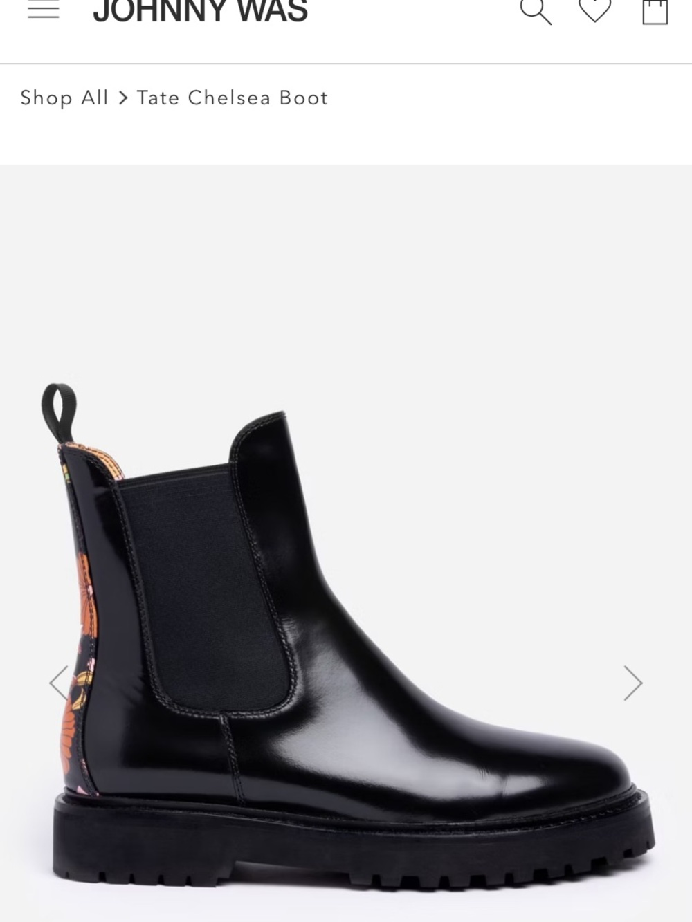 Johnny Was Black Patent Tate Chelsea Boot with Floral Heel Accent NEW!